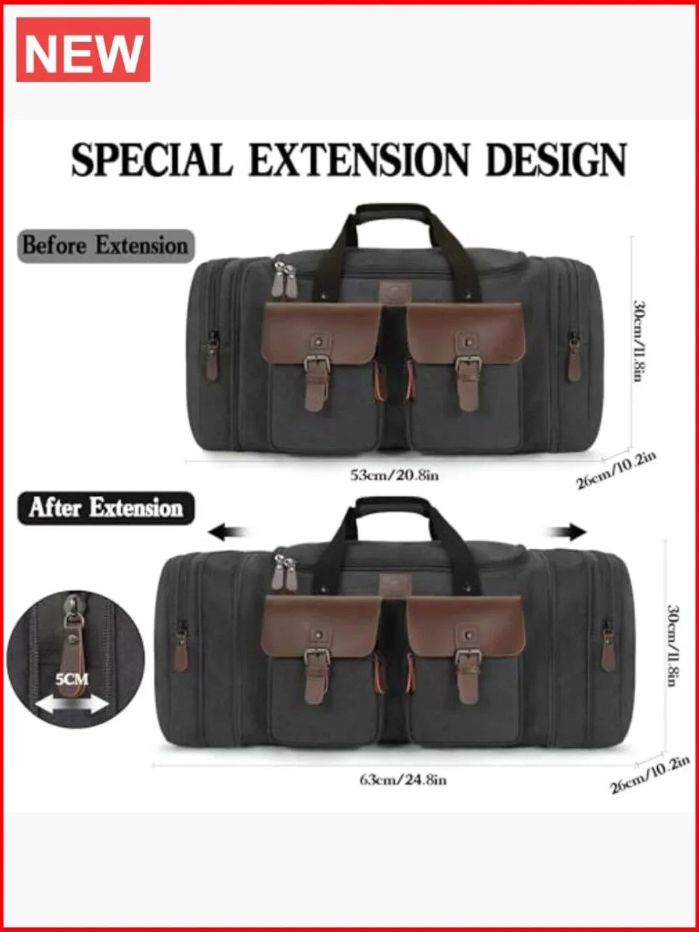 Expandable Canvas Duffle Bag 50L Travel Duffel with Genuine Leather Pockets